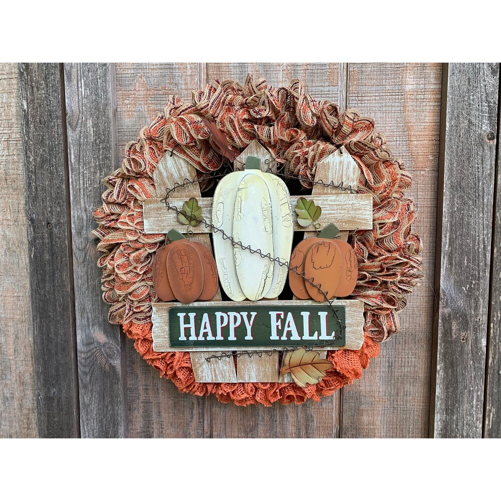 Happy Fall Wreath or Wall Hanging Plaid Mesh & Orange Burlap 17.5” Handmade